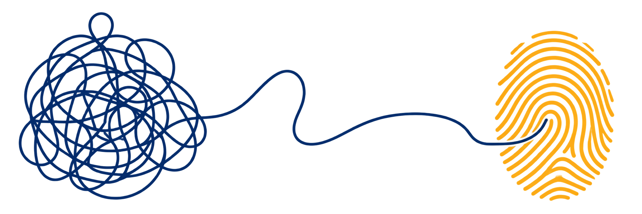 Um novelo azul se transforma em impressão digital amarela, representação do Método Pertencer